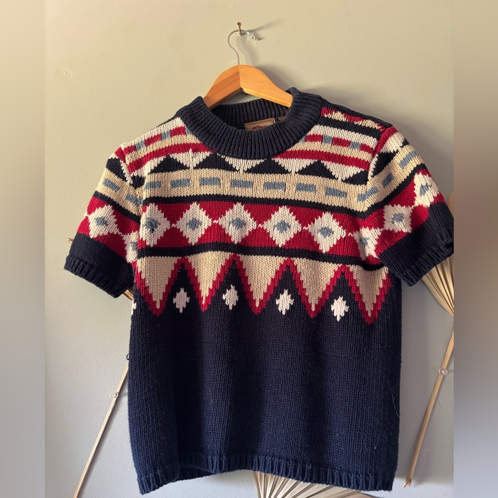 Vintage 80s Roper Knit Sweater – Short Sleeve Navajo Pattern – Navy Size Medium